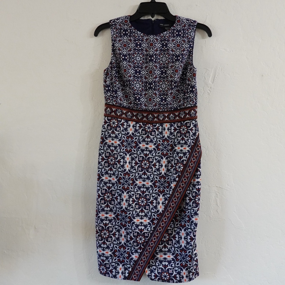 Maggy‎ London Sleeveless Sheath Dress – Size 4, Navy/Red/White Geometric Print